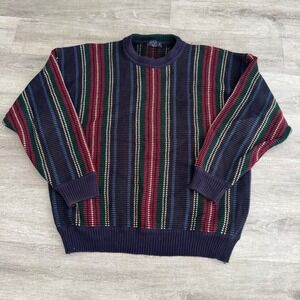 Gant Vintage Mens Large Cotton Vertical Stripe Crewneck Sweater Navy Green Red